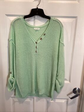 Blu Pepper Mint Green V-Neck Button Knit Sweater